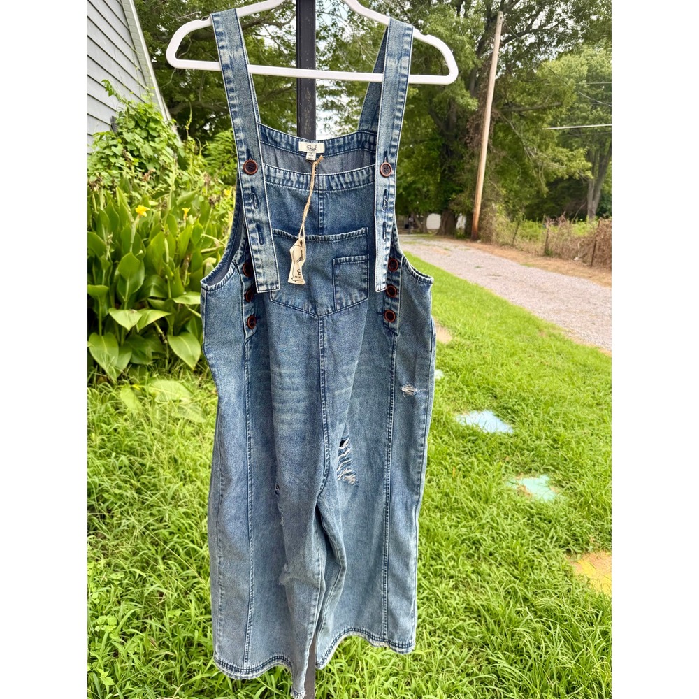 Easel Los Angeles Womens Distressed Denim Overalls Medium Wash Wide Leg Small